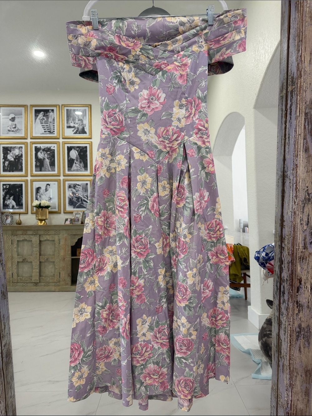 Vintage Laura Ashley Lavender Floral Off-the-Shoulder Pleated Maxi Dress